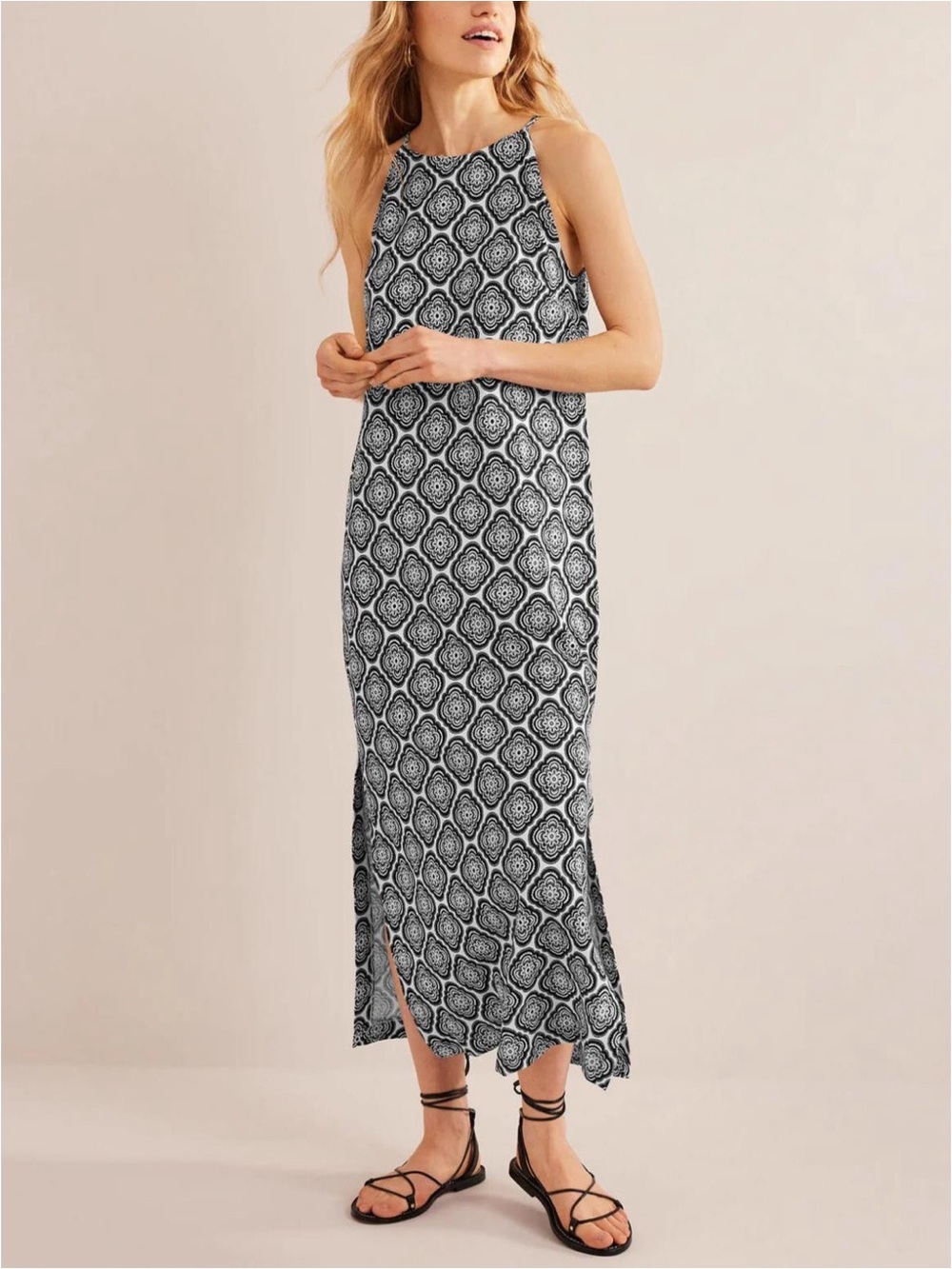 Boden Racer Neck Midi Dress in Black & White Floral Print